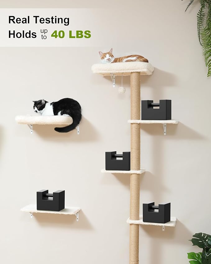 FUKUMARU Cat Wall Shelves, Stable Wall Mounted Cats Furniture Set, Kitten Scratching Post with Soft Cushion Perch, Space Saving Climbing Wall for 16 Inch Drywall - Beige