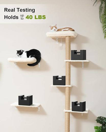 FUKUMARU Cat Wall Shelves, Stable Wall Mounted Cats Furniture Set, Kitten Scratching Post with Soft Cushion Perch, Space Saving Climbing Wall for 16 Inch Drywall - Beige
