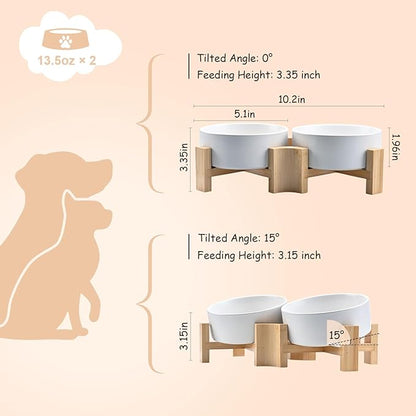 SPUNKYJUNKY 15° Slanted Ceramic Dog and Cat Bowl with Wooden Stand, Tilted Bulldog Food and Water Bowl No Slip Non-Spill for Cats Medium Dogs Big Face Pets 13.5 OZ (1.7 Cups, White × 2)