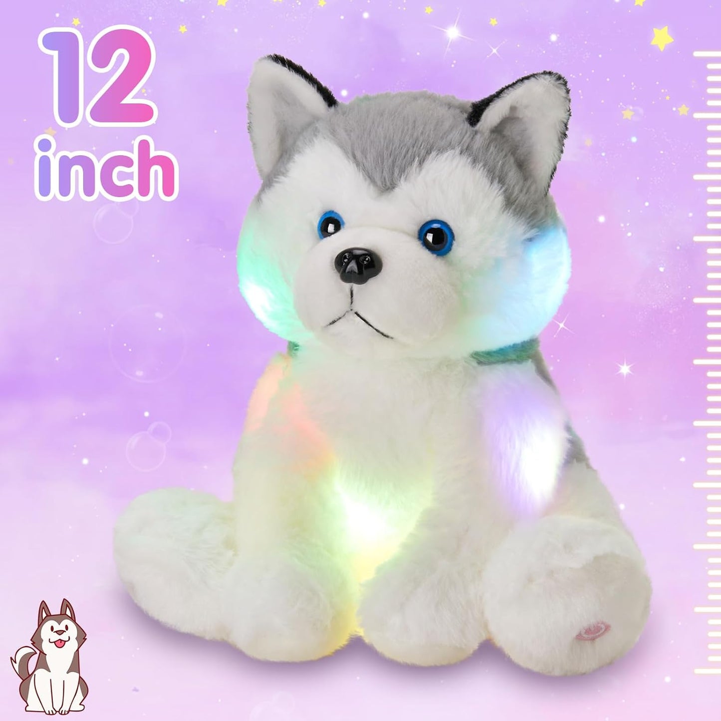Houwsbaby 12'' Gray Light up Husky Stuffed Animal Dog Floppy LED Plush Toy Puppy Night Lights Glow Pillow Birthday Festival for Kids Toddler Girls