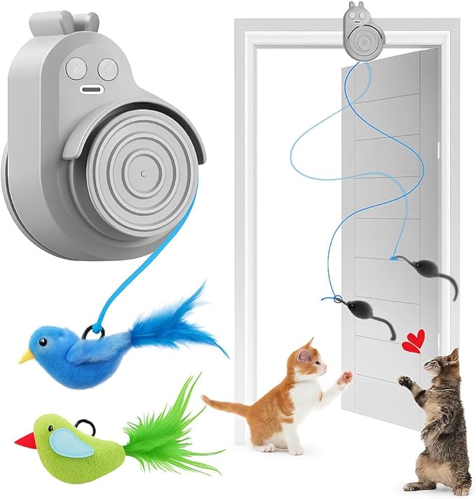 Interactive Cat Toys for Indoor Cats - Automatic Flying Bird & Mouse Wand Enrichment Toy, Hands-Free or Handheld USB-Rechargeable Safe Play Chase Exercise for Bored Kittens and Adult Cats