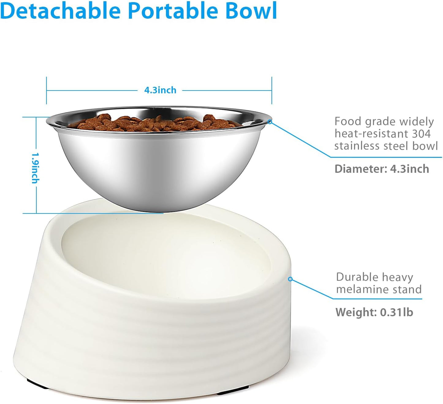 Slanted Small Cat Food Bowl 0.5 Cup, 15° Tilted Stainless Steel Mini Dog Puppy Food Bowl, Non-Slip & Non-Spill Small Kitten Pet Feeder with Elevated Detachable Melamine Stand, Easy to Get Food