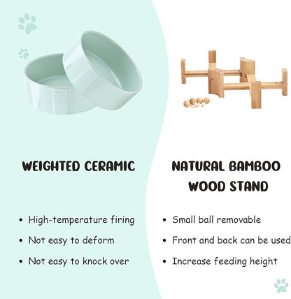 SPUNKYJUNKY 15° Slanted Ceramic Dog and Cat Bowl with Wooden Stand, Tilted Bulldog Food and Water Bowl No Slip Non-Spill for Cats Medium Dogs Big Face Pets 13.5 OZ (1.7 Cups, Morandi Green × 2)