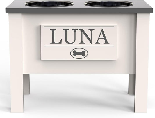GrooveThis Woodshop - Personalized Elevated Dog Bowl Stand for Large, Medium, Small, X-Small Dogs - Stainless Steel Food and Water Bowls - Raised Dog Dish (X-Large, Grey)