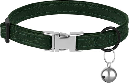 Leather Cat Collar with Buckle and Removable Bell - Non Breakaway Adjustable Soft Safety Small Pet Collars for Girl Boy Cats Kitten (Green)