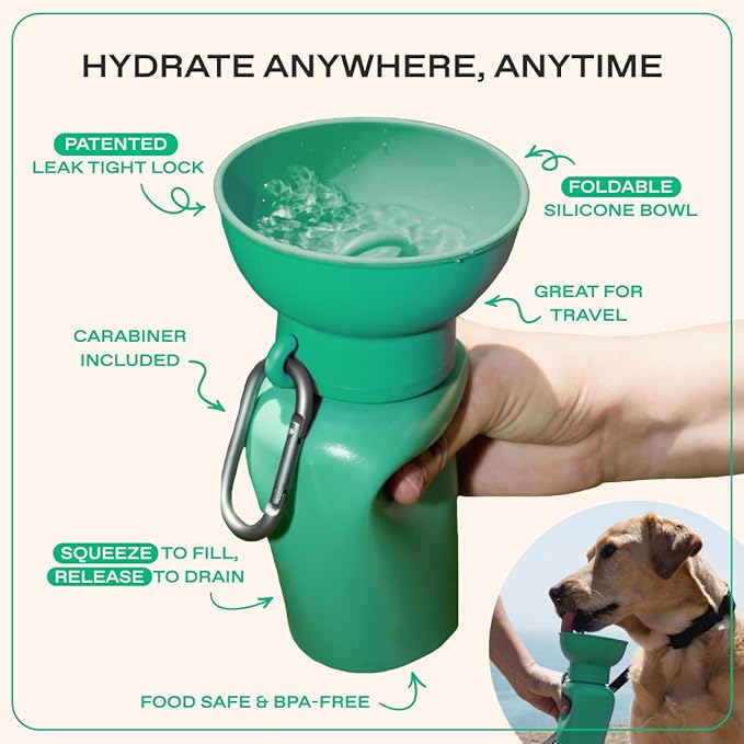 Springer Flip Portable Dog Water Bottle with Foldable Food Grade Silicone Bowl - 20 Ounce Travel Dog Water Bottle Ideal for Camping - Easy Squeeze Hydration & Release to Drain