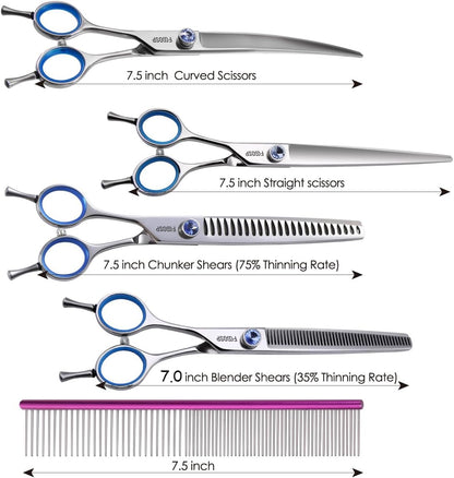 Left Handed Dog Grooming Scissors Kit 7.5 in Professional Curved Thinning Straight Shears 3pcs Set for Grooming Big Dogs Poodle Pet Japan 440C Stainless Steel(7.5'' Kit, 4Pcs)