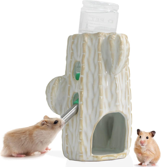 2-in-1 Adjustable Hamster Water Bottle for Glass Tank, 80ML Gerbil Water Bottle with Stand, No Drip Ceramic Holder for Dwarf Hamster, Mice, Rat (White)