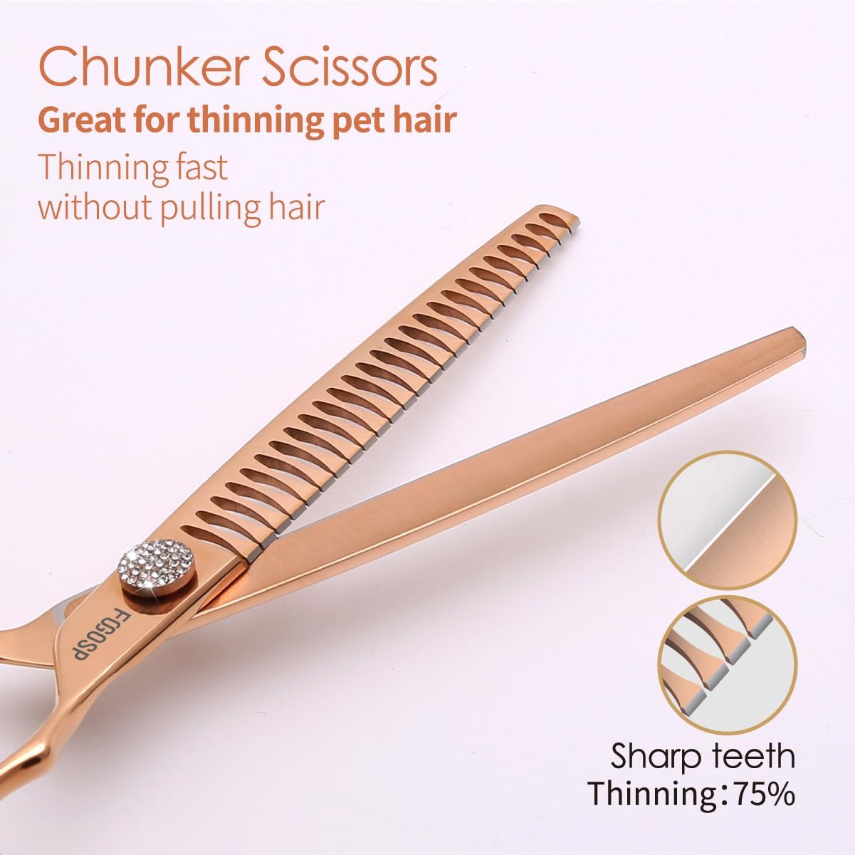 Rose Gold Titanium Dog Grooming Scissors Set 4PCS Curved Thinning Straight Chunkers Shears Kit with White Artificial Diamonds Ergonomic Offset Handle Japan 440C Sharp and Durable