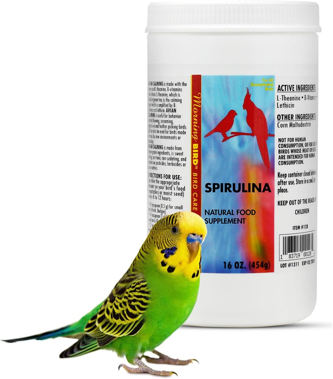 Morning Bird Spirulina, Supplement for Caged Birds, Organic Bird Food Supplement with Vitamins, Proteins, and Amino Acids for Parakeets, Cockatiels, Budgies, Finches, Canaries, and Parrots, 16 oz