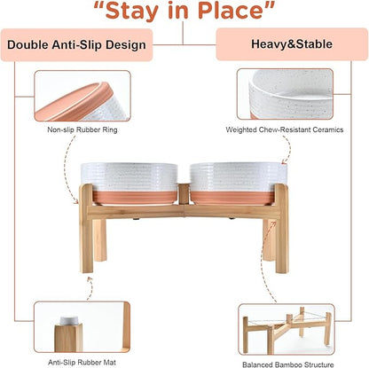 SPUNKYJUNKY Elevated Dog Bowls Ceramic, 7.3'' Dogs Food Water Bowls Raised with Non-Slip Bamboo Stand for Medium to Large Sized Breed Microwave Dishwasher Safe - 42 OZ,Pattern White