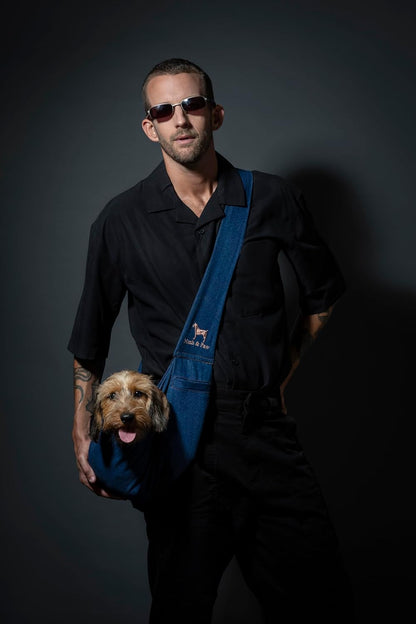 Noah & Paw Dog Sling Carrier for Small Dogs 5-18lb, Dog Sling for Small Dogs and Cats, Dog Carrier with Adjustable Padded Strap, Premium Denim, Lined with Fur, Double Safety Feature, Machine Washable