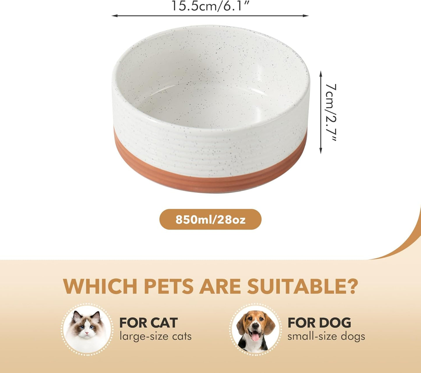 Ceramic 6.1inch Dog Bowl for Small Breed Dogs, Anti-Slip and Weighted Pet Food and Water Dishes(Single Bowl, Vanilla White)