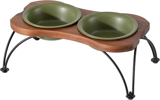 Ceramic 6.3-inch Raised Double-Bowl Set with Non-Slip Stand, Food & Water Dishes for Small and Medium Dogs, Wide Opening with Rounded Edges(Olive Green)