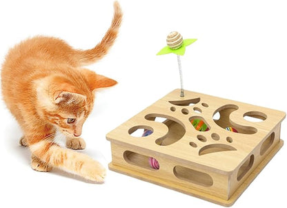 Interactive Wooden Cat Puzzle Toy Box Indoor Hunting Play Toy to Stimulate Your Cat’s Energy and Instincts (Burlywood)