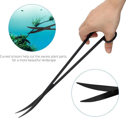 Aquarium Aquascape Tools Kit 15in, 4 in 1 Anti-Rust Aquatic Plant Aquascaping Tool Stainless Steel Tweezer Scissor Spatula for Aquarium Tank Clean Fish Tank Aquascape Accessories Set (black)