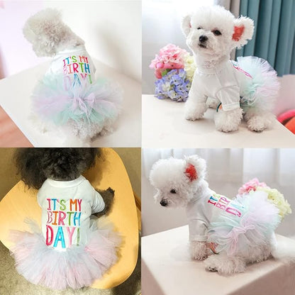 ANIAC Girl Dog Birthday Tutu Dresses Puppy Lace Skirt and Hairpin Cat Birthday Princess Dress Pet Clothes for Cats Small Dogs (Large, White)