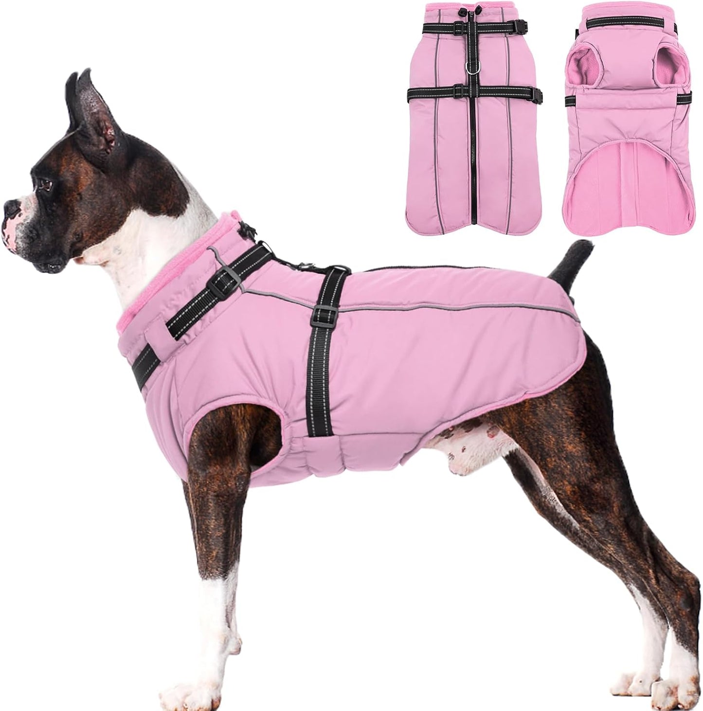 Lelepet Warm Dog Winter Coat Waterproof Dog Jacket with Harness Built in Windproof Reflective Fleece Jacket, Dogs Coats for Lage Dogs, Cozy Thermal Pet Snowsuit for Outdoor, French Bulldogs, Pink, L