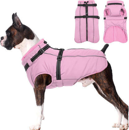 Lelepet Warm Dog Winter Coat Waterproof Dog Jacket with Harness Built in, Reflective Windproof Fleece Jacket, Dogs Coats for Medium Dogs, Thermal Turtleneck Pet Snowsuit for Outdoor, Schnauzer, Pink M