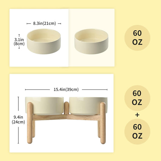 SPUNKYJUNKY Ceramics Elevated Dog Bowls with Wooden Stand - Raised Double 60OZ Cream White Bowls for Medium Large Dogs