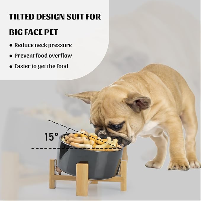 SPUNKYJUNKY 15° Slanted Ceramic Dog and Cat Bowl with Wooden Stand, Tilted Bulldog Food and Water Bowl No Slip Non-Spill for Cats Medium Dogs Big Face Pets 28.7 OZ (3.6 Cups, Starry Blue)