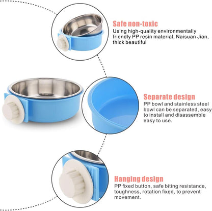 Crate Dog Bowl Removable Stainless Steel Water Food Feeder Bowls Cage Coop Cup for Cat Puppy Bird Pets (Large, Blue)