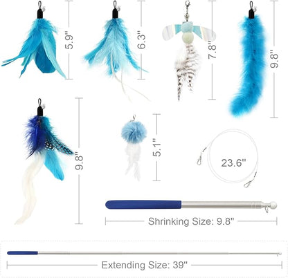 SONGWAY Cat Feather Toys Wand - 7 Pcs Interactive Cat Toys for Indoor Cat Kitten, Retractable Cat Wand Toy with 6 Feather Teaser Refills with Bell, Cat Fishing Pole Toy, Blue