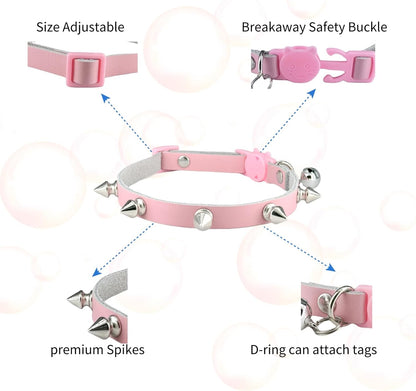 Spiked Cat Collar with Bells, Breakaway Genuine Leather Protective Collar for Kitty, Studs Spikes Punk Style Adjustable for Girl Boy Kittens Small Bunny Rabbit, 8"-9.5" Pink