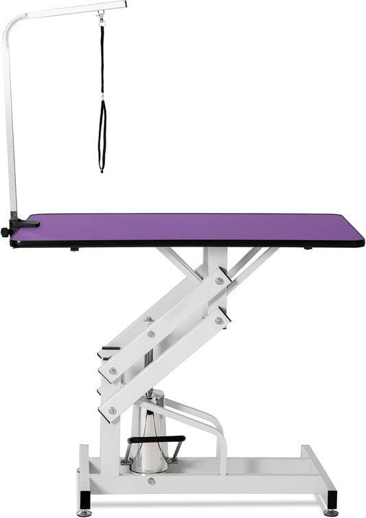 42.5" Hydraulic Dog Grooming Table for Large Dogs Heavy Duty Height Adjustable Dog Grooming Table with Overhead Arm & Noose Height Range 21-36 inch Purple