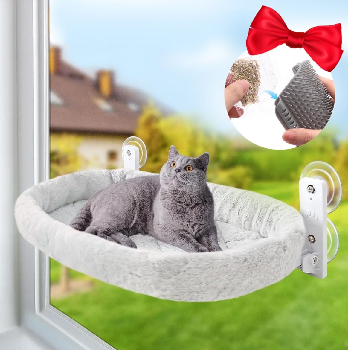 Sinai Pet Shop Cat Window Perch – Cordless Foldable Hammock with Cushion Bed, Self-Groomer with Catnip Included, Durable Metal Frame with Strong Suction Cups, Space-Saving for Large Indoor Cats