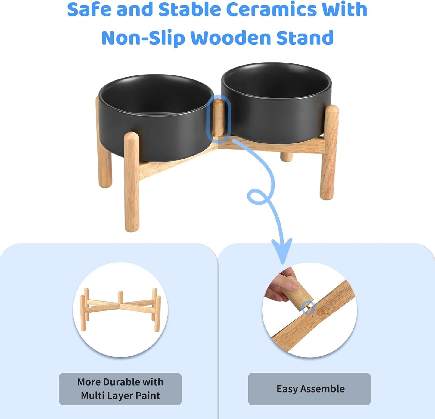 SPUNKYJUNKY Ceramics Elevated Dog Bowls with Wooden Stand Raised Dog Bowl for Medium Large Dog Food and Water Pet Feeding Bowl(Double 60OZ Bowls,Black)