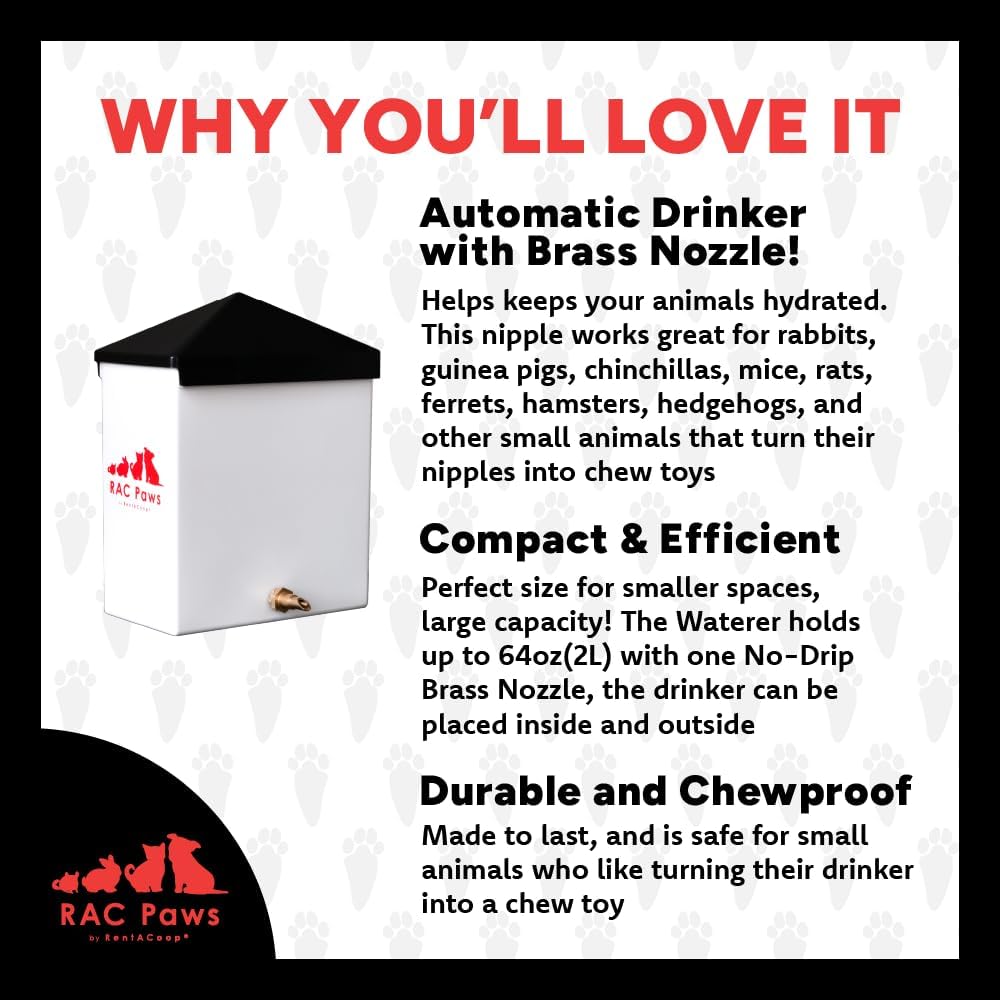 RentACoop 64oz(2L) Small Animal Drinker with Sliding Lid and No-Drip Brass Nozzle - Suitable for Small Pets, Bunnies, Hamsters, Guinea Pigs, Hedgehogs, Rabbits, Chinchillas, Mice and Rats