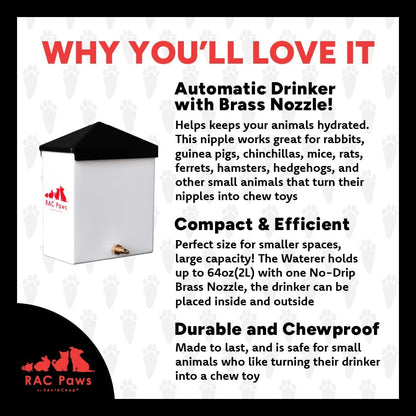 RentACoop 64oz(2L) Small Animal Drinker with Sliding Lid and No-Drip Brass Nozzle - Suitable for Small Pets, Bunnies, Hamsters, Guinea Pigs, Hedgehogs, Rabbits, Chinchillas, Mice and Rats