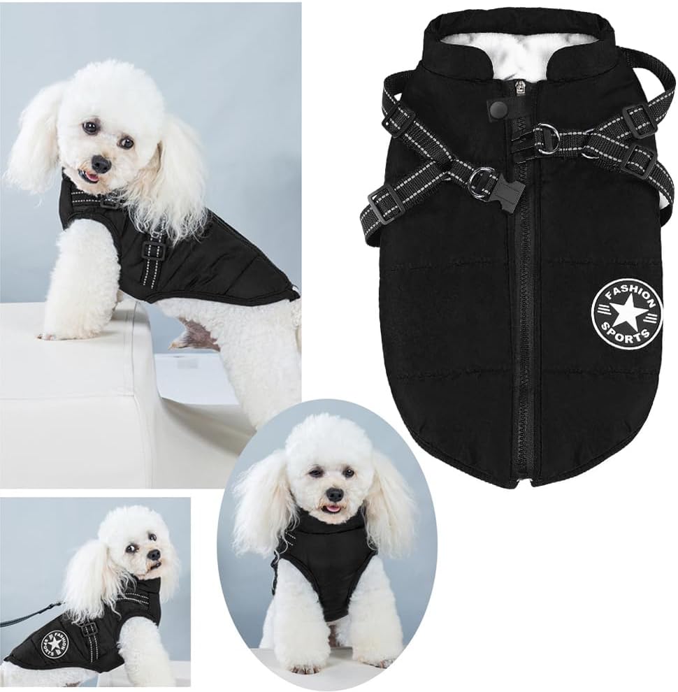 Aiboria Dog Coat for Winter Waterproof Windproof 2 in 1 Dogs Jackets Fleece Large Dog Vest Harness Winter Warm Pet Black 4XL