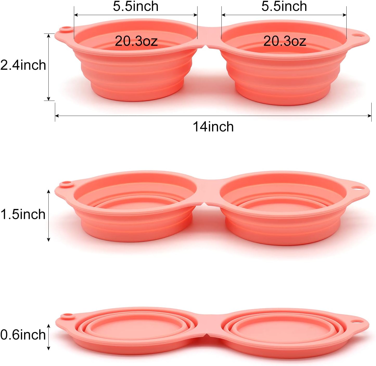 SLSON Collapsible Dog Bowls,Integrated Molding Dog Double Bowl No Plastic Rim 2 in 1 Foldable Pet Food & Water Bowl Cat Feeder Dish for Walking,Hiking,Camping (Coral Pink)
