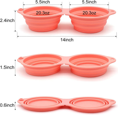 SLSON Collapsible Dog Bowls,Integrated Molding Dog Double Bowl No Plastic Rim 2 in 1 Foldable Pet Food & Water Bowl Cat Feeder Dish for Walking,Hiking,Camping (Coral Pink)