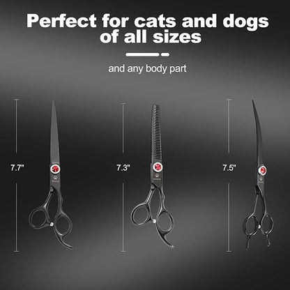 GLADOG 7 Inch Professional Dog Grooming Scissors Kit, 5-in-1 Titanium Coated Pet Grooming Shears Set, Heavy Duty Grooming Scissors for Dogs (Pro Black)