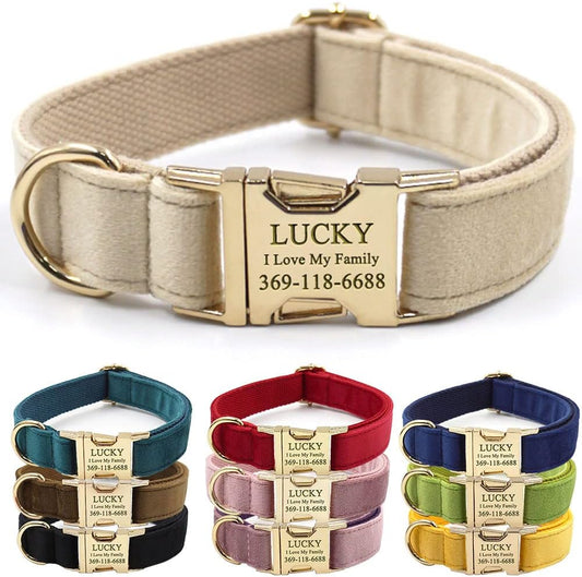 PETDURO Custom Dog Collar Personalized with Name Engraved Quick Release Rose Gold Metal Buckle for Large Medium Small Girl Dogs - Dog Leash and Bow Tie Available - Soft Comfy Velvet (Pale Brown, M)