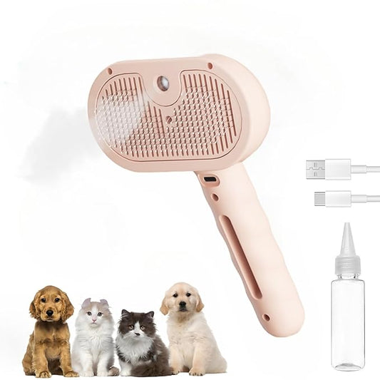 Pet Steam Brush for Cats and Dogs, 3 In 1 Steamy Cat Brush with Release Button and Tank, Anti-Static Pet Spray Hair Removal Comb, Rechargeable Dog Steam Comb for Furry (Pink)