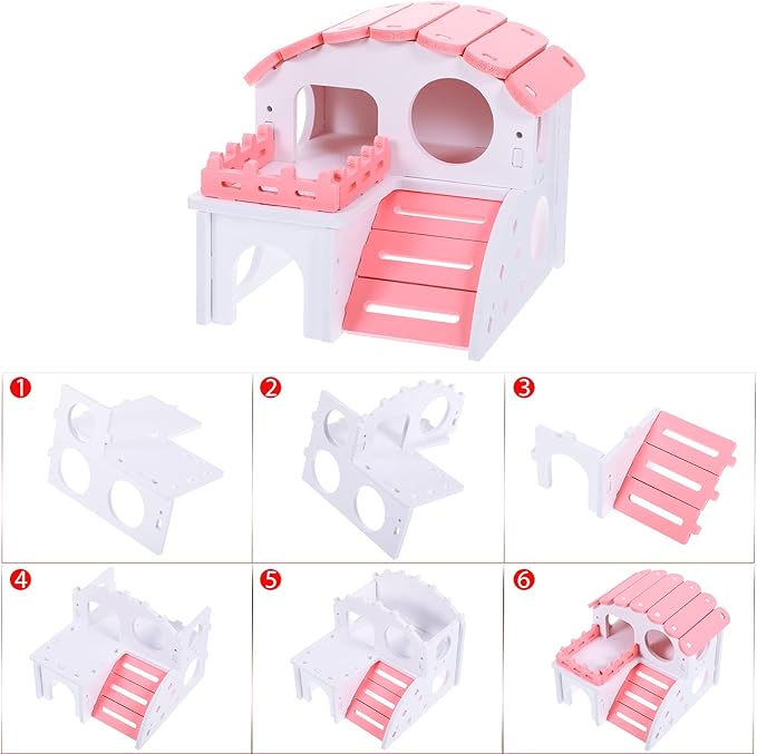 3 Pieces Fun Hamster Toys Guinea Pig Hideout Include PVC Hamster House, Rainbow Bridge, Seesaw Toy DIY Exercise Play Toys for Rats Mouse Small Animals(Small,Pink)