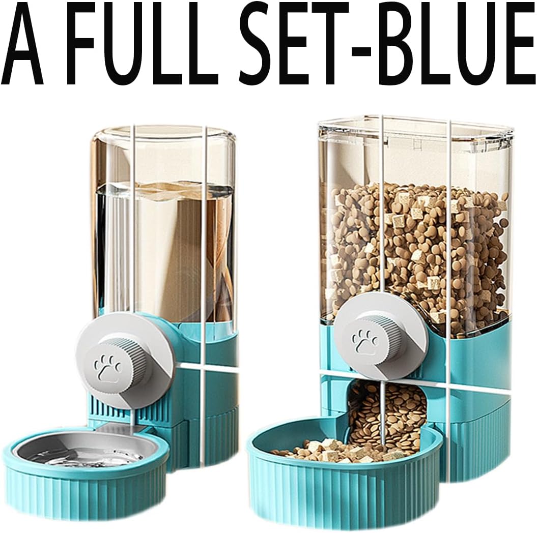 Hanging Automatic Bunny Food Water Dispenser, Gravity Rabbit Cage Feeder and Water Dispenser Ferret Cages Accessories, Cage Cat Food Bowl, for Chinchilla Guinea Pig Hedgehog (Blue)