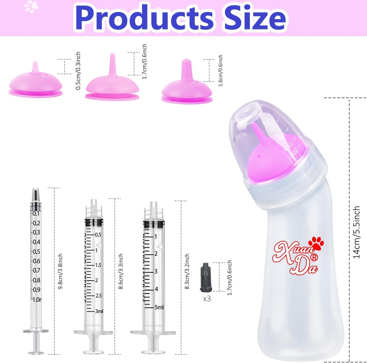 Pet Feeding Bottle and Syringes, 3 Sizes Nipples with Ventilation Valve Resistant Tearing Perfect for Puppies, Kittens, Small Wildlife (Pink)