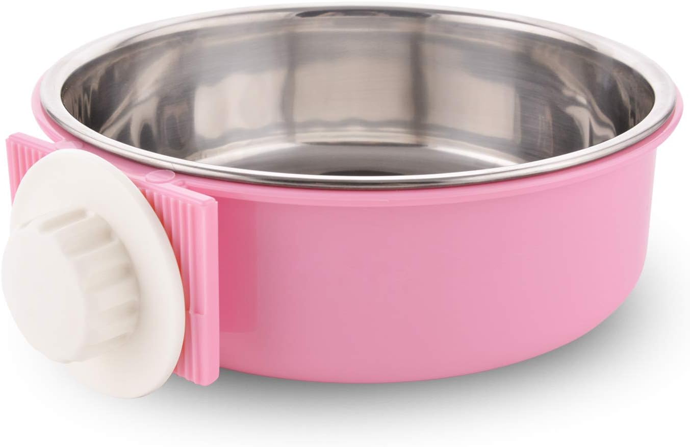 Crate Dog Bowl Removable Stainless Steel Water Food Feeder Bowls Cage Coop Cup for Cat Puppy Bird Pets (Large, Pink)