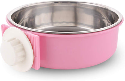 Crate Dog Bowl Removable Stainless Steel Water Food Feeder Bowls Cage Coop Cup for Cat Puppy Bird Pets (Large, Pink)