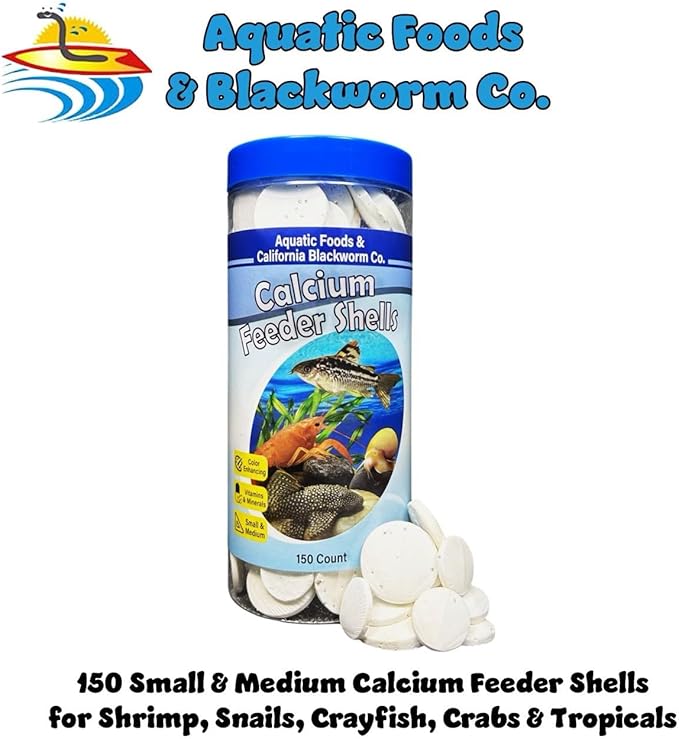 Aquatic Foods Inc. Calcium Feeding Shells, Small & Medium for Shrimp, Snails, Crabs, Crayfish, Plecos, Catfish, All Tropical Fish, 4-Type Wafer & 12-Type Pellet Mix Included 150 Count Canister