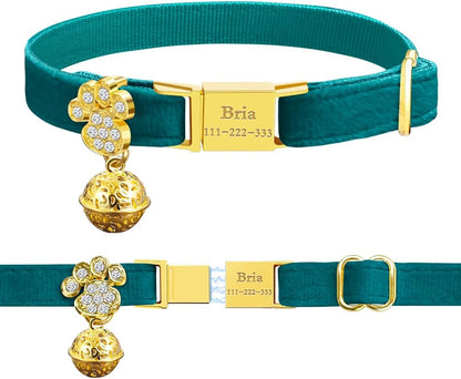 Personalized Breakaway Cat Collars - Magnetic Buckle, Bell - Safety Quick Release, Customized for Girls & Boys Cats- (Velvet-Green)
