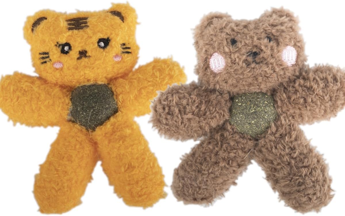 Cat Toys with Catnip Kitten Chew Bite Supplies Boredom Relief Fluffy Kitty Teeth Cleaning Chewing Cat Lovers Interactive Plush Gift (Tiger&Bear)