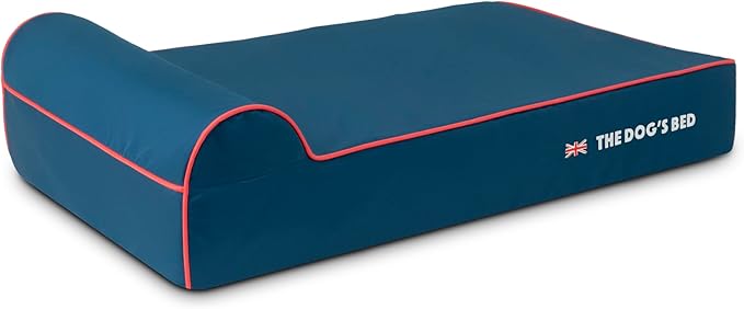 The Dog’s Bed Orthopedic Headrest Dog Bed Large Blue Oxford with Red Trim UK Flag Dog Bed, Memory Foam, Hip & Elbow Dysplasia, Post Surgery, Waterproof Washable Cover