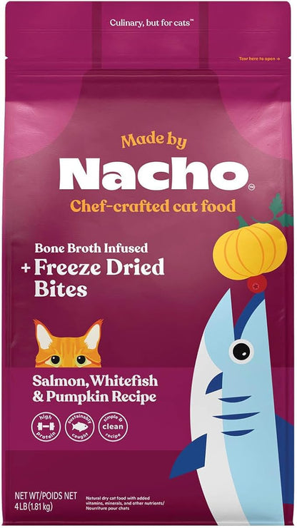 Made by Nacho Dry Cat Kibble 4lb Bag, High Protein Premium Cat Food with Freeze Dried Pieces, Sustainably-Caught Salmon, Whitefish & Pumpkin, Limited Ingredients, Single Bag