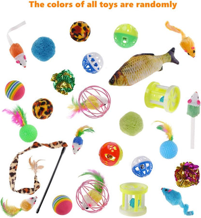 QBSM Cat Christmas Plaid Pet Paw Stockings with 26 Pcs Cat Toys for Cats and Kitten